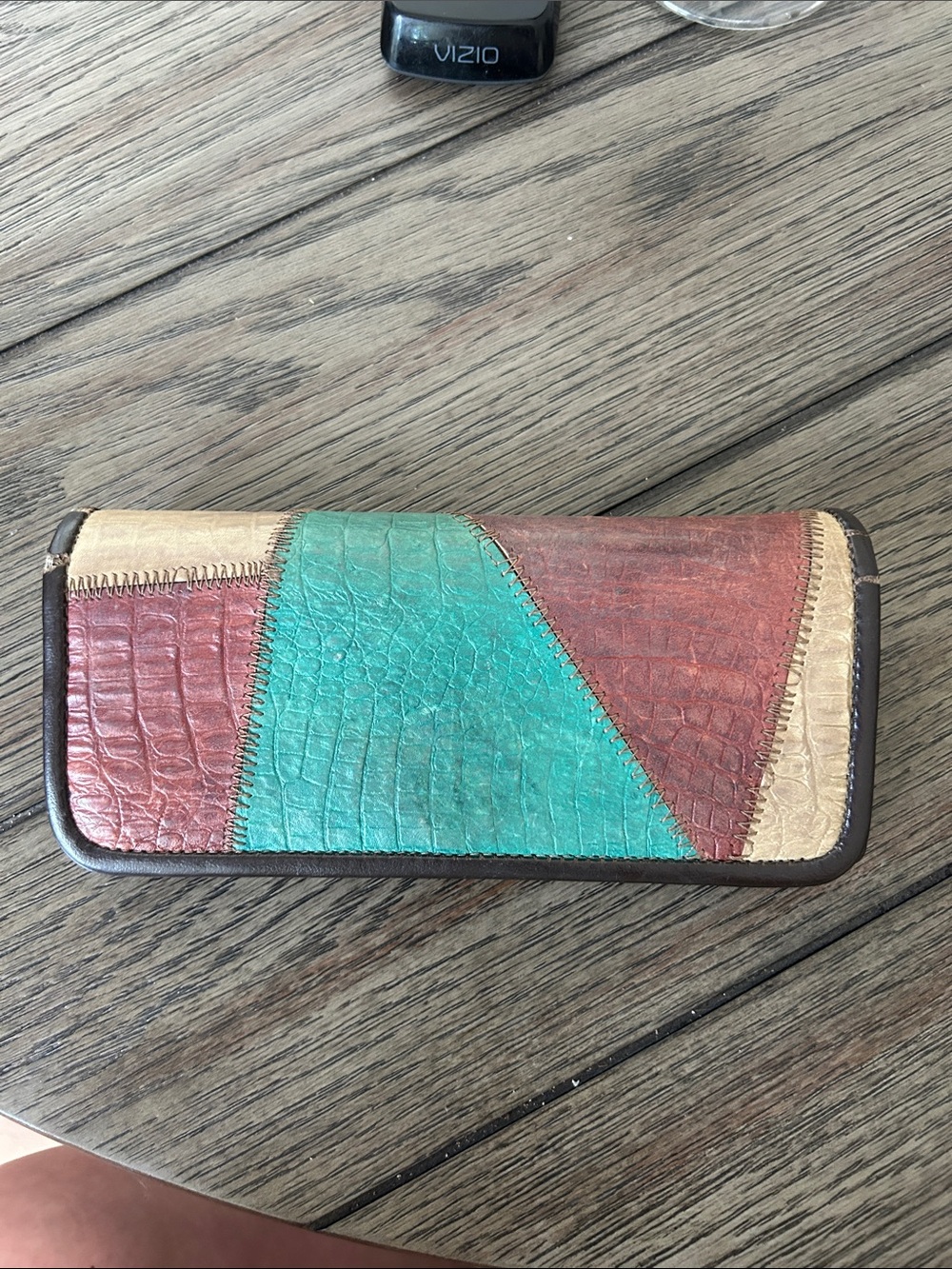 Patchwork Textured Leather Clutch Wallet - Teal, Brown, Cream